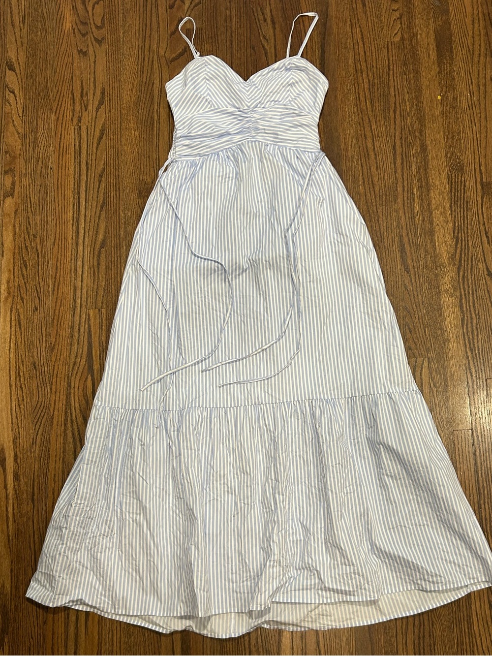 Express Blue & White Stripe Midi Dress Smocked Back Pockets Size Small